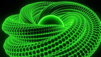 Swirling spiral around sphere. Design. 3D cord twists endlessly into center. Neon spiral swirls around sphere. 3D spiral of many points rotates inside center video