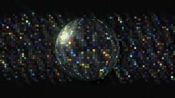 Beautiful shiny background with rotating disco ball. Motion. Bright rotating ball with shiny squares. Colored disco ball rotates on background of shiny squares video