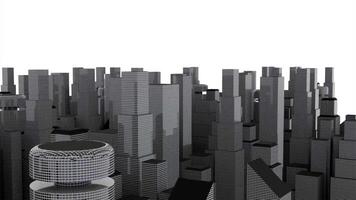 diseño de ciudad con rascacielos diseño. virtual 3d ciudad con Alto edificios 3d color modelo de ciudad con rascacielos es desplegado en blanco antecedentes video