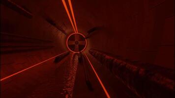 Abstract city sewerage in red dim lighting. Design. Moving inside round shaped tunnel with flowing waste water towards ventilation hatch. video