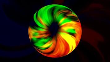 Abstract round shaped 3D torus with flowing energy on all its surface, seamless loop. Design. Rotating ring with gradient colors isolated on a black background. video