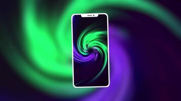 mooi Purper en groen roterend spiraal patroon en een silhouet van een modern smartphone. beweging. presentatie van een nieuw telefoon ontwerp. video