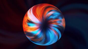 Abstract 3D sphere with fluorescent colors, seamless loop. Motion. Spinning beautiful ball with bending stripes isolated on a black background. video