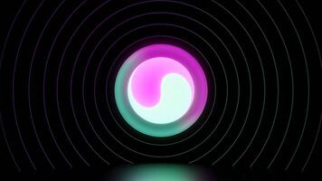 Animation with rotating colored ball. Bright light in the center. Design. An abstraction of a beautiful bright pink and green ball that turns its colors and around which thin circles that circle . video