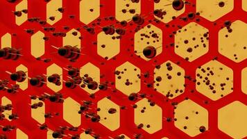 Animation with swarm of bees flying from honeycomb. Design. Cartoon animation lot of bees flying from honeycomb. Swarm of bees flies on background of honeycombs video