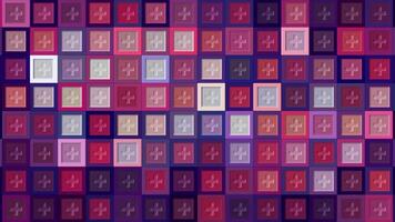 Blinking colorful rows of same size purple tiles with light flares and plus signs inside, seamless loop. Design. Gradient red tones square shaped shimmering objects. video