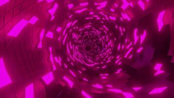 3d tunnel with details inside. Design. Bright glowing tunnel with twinkling squares. Neon tunnel shimmers with bright squares in cyberspace video