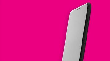 Close up of an abstract smartphone with black screen isolated on a bright pink background. Motion. New phone presentation. video