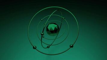 resumen visualización de un átomo modelo. diseño. movimiento gráficos de electrones en un resumen malaquita color lustroso modelo de el átomo en degradado oscuro verde antecedentes. video