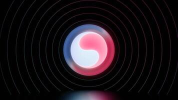 Abstract yin yang circle in blue, white, and red colors spinning on a black background with string rings. Design. Optical illusion with hypnotic effect. video