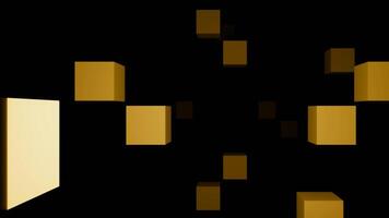 Flying 3D golden cubes on a black background, seamless loop. Design. Big glowing figures flying away in the dark. video