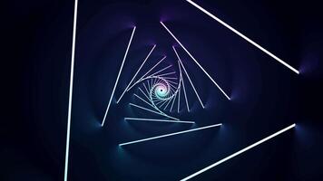 Geometric spiral of 3d neon stripes. Design. Lamps in 3d tunnel rotate in spiral. Neon lamps rotating in spiral are connected in triangles video