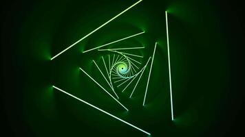 Geometric spiral of 3d neon stripes. Design. Lamps in 3d tunnel rotate in spiral. Neon lamps rotating in spiral are connected in triangles video