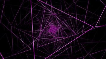 Violet large triangles with bright illumination. Design. Bright lines and triangles creating a tunnel in a black background in animation. video