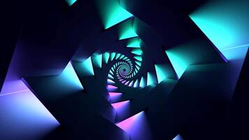 Looping symmetrical abstract motion of triangles on a black background. Design. Colorful spiral creating a tunnel effect, seamless loop. video