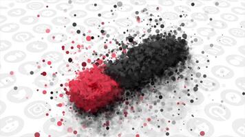 Abstract black and red round particles forming youtube logo. Motion. hosting symbol on the background of flowing social networks icons. For editorial use only. video