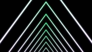 Flying inside color changing tunnel formed by neon lines, seamless loop. Design. Abstract corridor of widening triangular silhouettes on a black background. video
