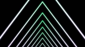 Flying inside color changing tunnel formed by neon lines, seamless loop. Design. Abstract corridor of widening triangular silhouettes on a black background. video