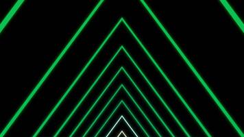 Neon triangular lines move on black background. Design. Centralized moving tunnel of triangular lines. Triangular tunnel of neon lines video