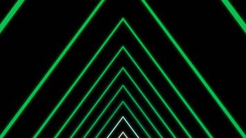 Neon triangular lines move on black background. Design. Centralized moving tunnel of triangular lines. Triangular tunnel of neon lines video