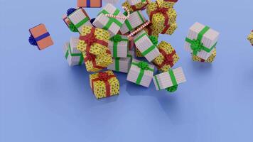 Blue abstraction. Design. Boxes with New Year's gifts fall in 3D format on a delicate colored background. video