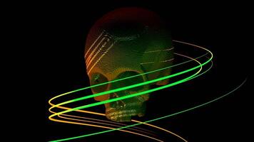 A skull in abstraction. Design. The skull next to which bright lines are spinning is made in 3d on a black empty background. video