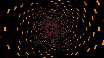 Black background.Design. Orange and purple light that creates a tunnel in abstraction, which highlights the walls of the squares and at the end of which particles shimmer. video