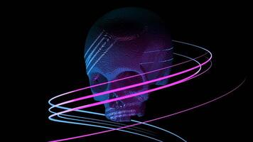 Abstract blue and pink gradient human skull surrounded by spiral lines. Design. Colorful skull with glowing rays hanging and moving up and down. video