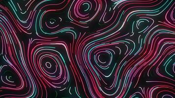 Oval pattern of neon lines. Motion. Beautiful ornament with retro style and neon lines. Retro pattern with curved neon lines on black background video