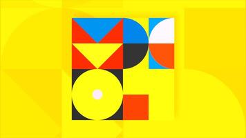 Bright yellow background with geometric moving figures, seamless loop. Motion. Square with flat moving shapes inside. video