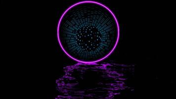 Portal in neon ring above water. Design. Beautiful shimmering portal in glowing circle on black background. Reflection of round portal in dark water video