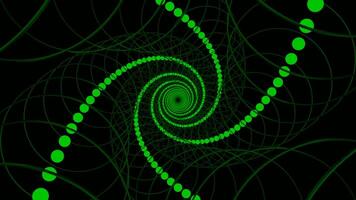 Hypnotic spiral with chain of twisting chain. Design. Rotating chains of roundels in spiral. Spiral with lines of circles and energy rings on black background video