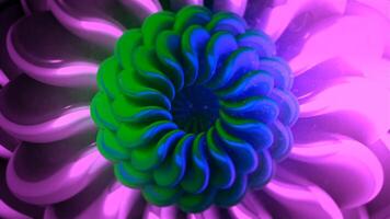 Abstract pink, blue, and green fractal flower with moving petals. Motion. Beautiful hypnotic slow transformation of gradient flower, seamless loop. video