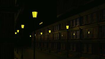 3D animation of night city with lanterns. Design. Deserted alley with yellow lanterns in night city. Train passes over house. Animation of night city video