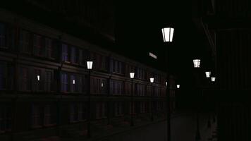 oscuro área. diseño. oscuro casas con linternas hecho en abstracción en cuales linternas y rayos de ligero correr. video