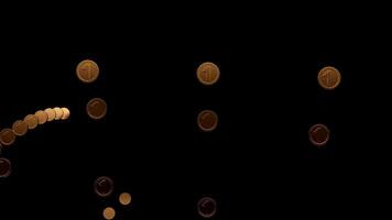 zwart achtergrondontwerp. goud munten dat vlieg Aan een zwart achtergrond in abstractie. video