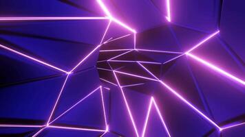 Curved tunnel with geometric walls. Design. Cybernetic spatial fracture with moving geometric elements. Virtual 3d tunnel with broken geometric walls and neon lines video