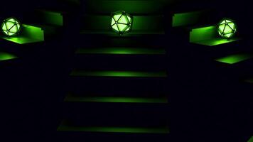 Dark background. Design. Three stairs without light with three glowing green and yellow balls that roll down and fall . video