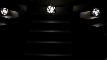 abstract lantaarns rollend naar beneden de trap, monochroom. ontwerp. licht bollen omringd door zwart armaturen vallend naar beneden in de donker. video