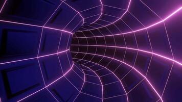 Neon tunnel.Design. A long pink-purple path in abstraction with glowing lines and squares that moves. video