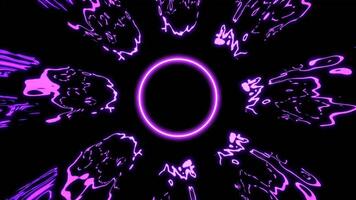 Black background. Design. Bright blots of purple and orange in abstraction that create a pattern with a circle in the center, next to which are iridescent rays of light. video