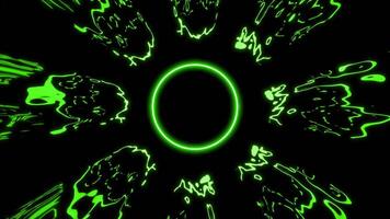 Animation with glowing electron waves around ring. Design. Neon ring with beams of electronic waves on black background. Moving distorted lines from ring in center video