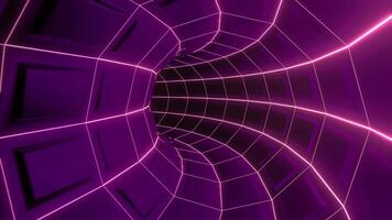 Neon tunnel.Design. A long pink-purple path in abstraction with glowing lines and squares that moves. video