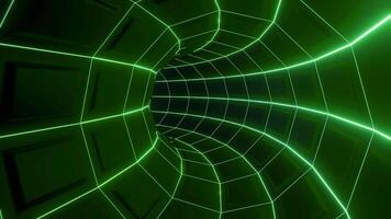 Curved virtual tunnel with green neon lines. Design. Dive into matrix world through curved tunnel. Curved virtual tunnel with moving neon lines video