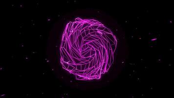 púrpura abstracción composición un circulo desde un red. animación. un negro antecedentes con un púrpura cuadrícula en el medio ese hace arriba un geométrico forma y gira alrededor sí mismo. video