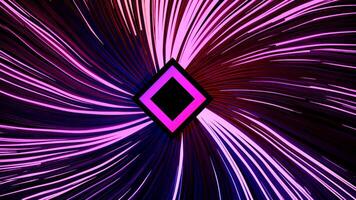 Spinning rays around rhombus silhouette. Design. Abstract colorful neon rhombus surrounded by rotating bended narrow lines on a black background, seamless loop video