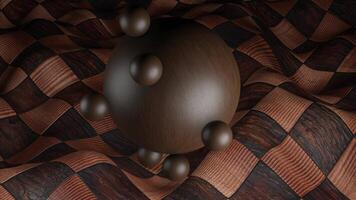 Curved chess board with levitating large brown smooth sphere surrounded by smaller ones. Design. Wooden small balls spinning around a big sphere, seamless loop. video