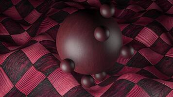 A hemisphere in abstraction. Design. A ball in 3d format around which other small balls are spinning on a red towel with black patterns. video