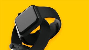 Animation with bright yellow background and the slow movement of black smart watch. Motion. Presentation of a new electronic device, modern technologies. video