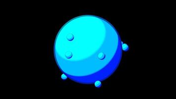 Large ball with rotating circle. Design. Colored ball with balls rotating around on black background. Model of electrons, molecules or gravity in balls video